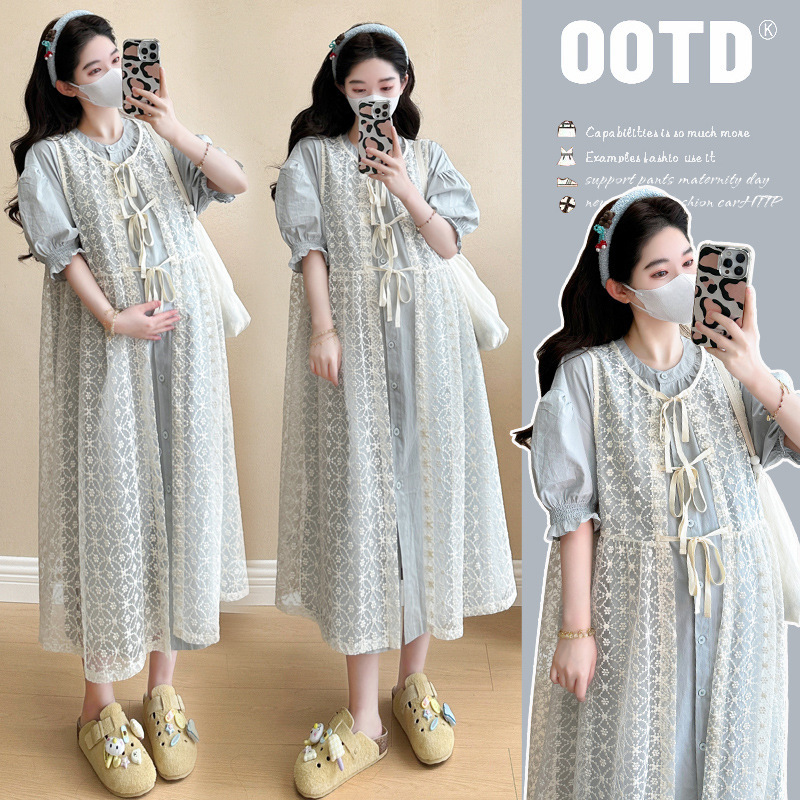 French Mori Style Gentle Blue dress Stacked Lace Blouse Beautiful Summer Dress with Maternity Two-piece Set