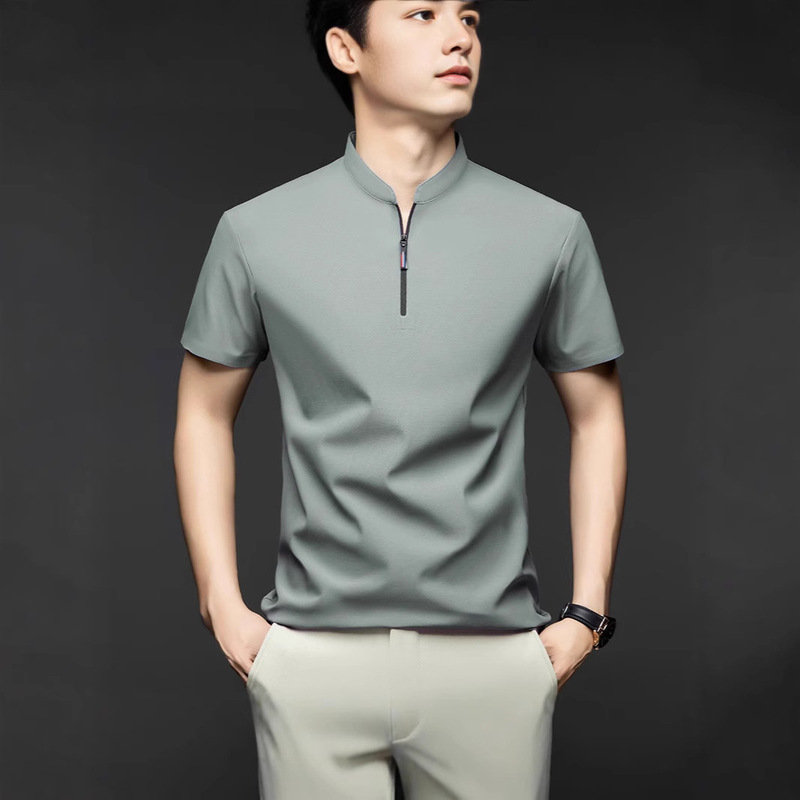 stand collar short sleeve T-shirt men's 2025 summer new men's zipper polo shirt men's mercerized cotton T-shirt casual