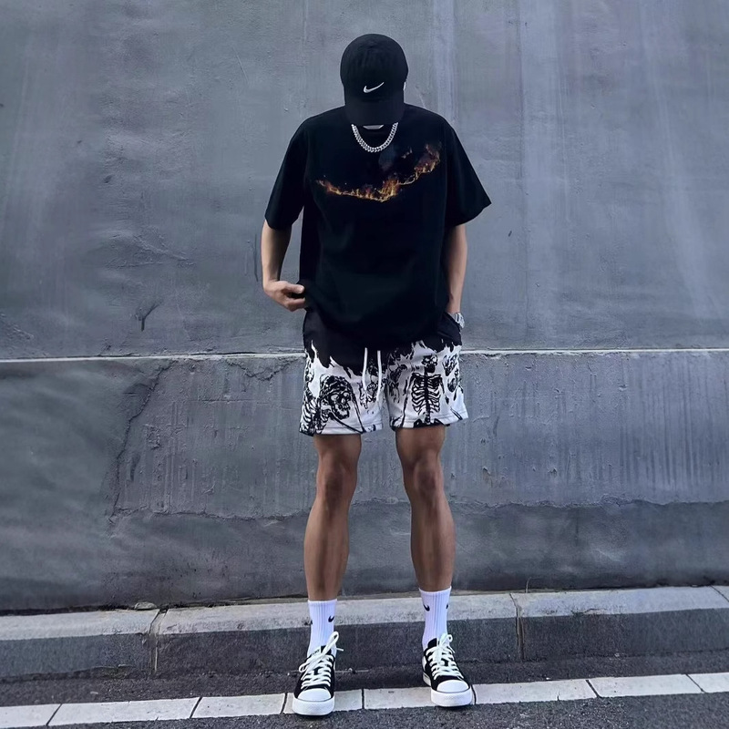 Skull Flame American Shorts Men's Street Fashion Brand Retro Summer Over-The-Knee Basketball Pants Training Sports Quarter Pants