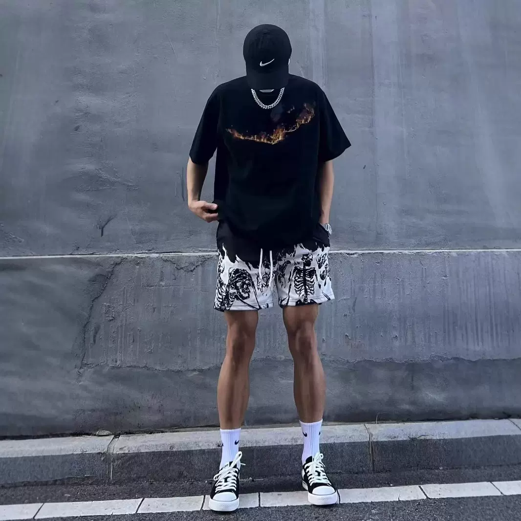 骷髅火焰美式短裤男街头潮牌复古夏季不过膝篮球裤训练运动四分裤