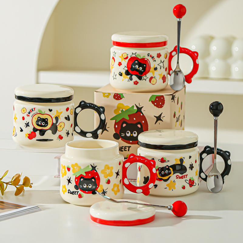Regalo de cumpleaños Taza de dibujos animados para novias Taza de cerámica con tapa Regalo de mano Taza de agua para gatos lindos