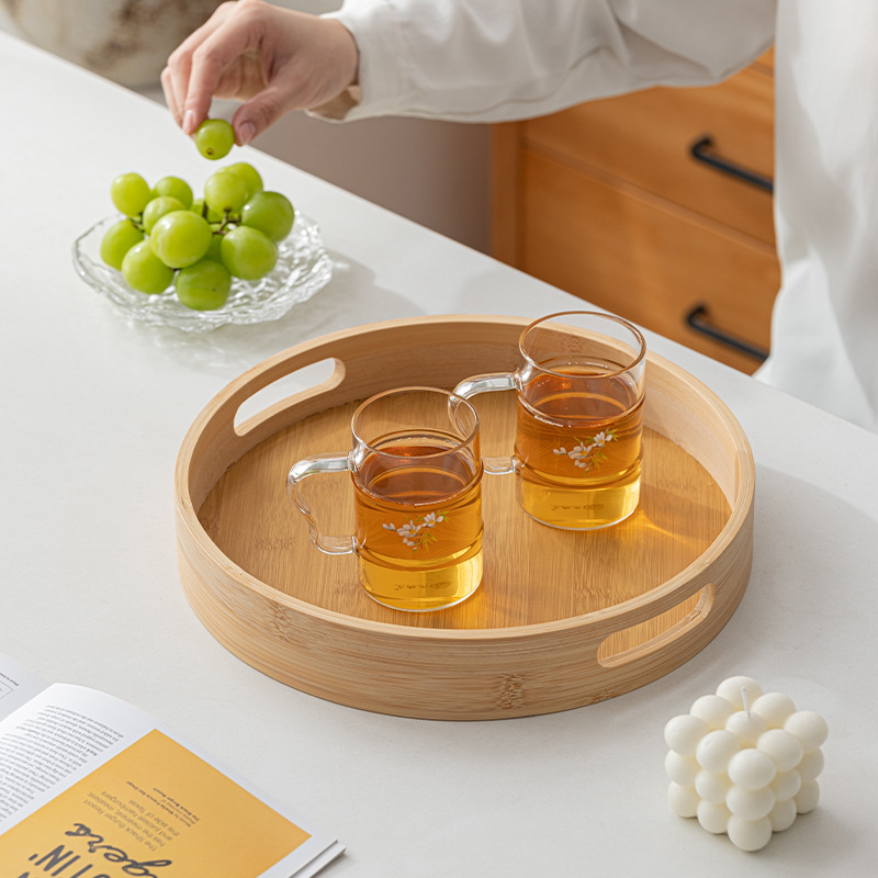 Light Luxury Retro Round Bamboo Tea Tray Home Coffee Table Display Snack Tray Living Room High-End Coffee Tray