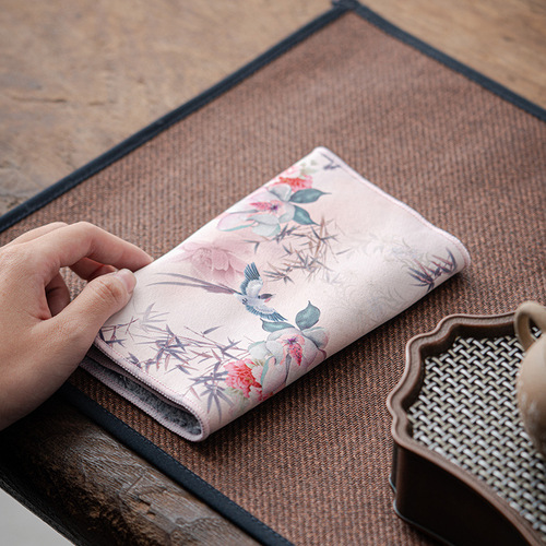 Faux Suede Vintage Style Absorbent Tea Towel Mat Fabric Thick Chinese Style Tea Cloth Tea Cup Mat Painted Chinese Traditional Painting Towel