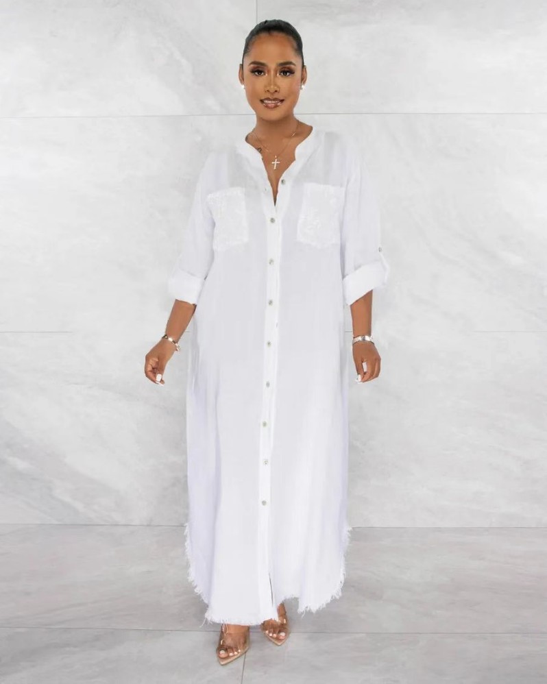 Women's Shirt Dress Casual Pocket Long Sleeve Solid Color Maxi Long Dress Street display picture 2