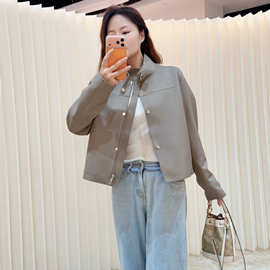 2026秋季女新橙色立领短款真皮皮衣女机车服拉链夹克外套显瘦百搭
