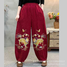 秋冬新款复古民族风刺绣半松紧腰哈伦裤女棉麻棉提花休闲长裤潮
