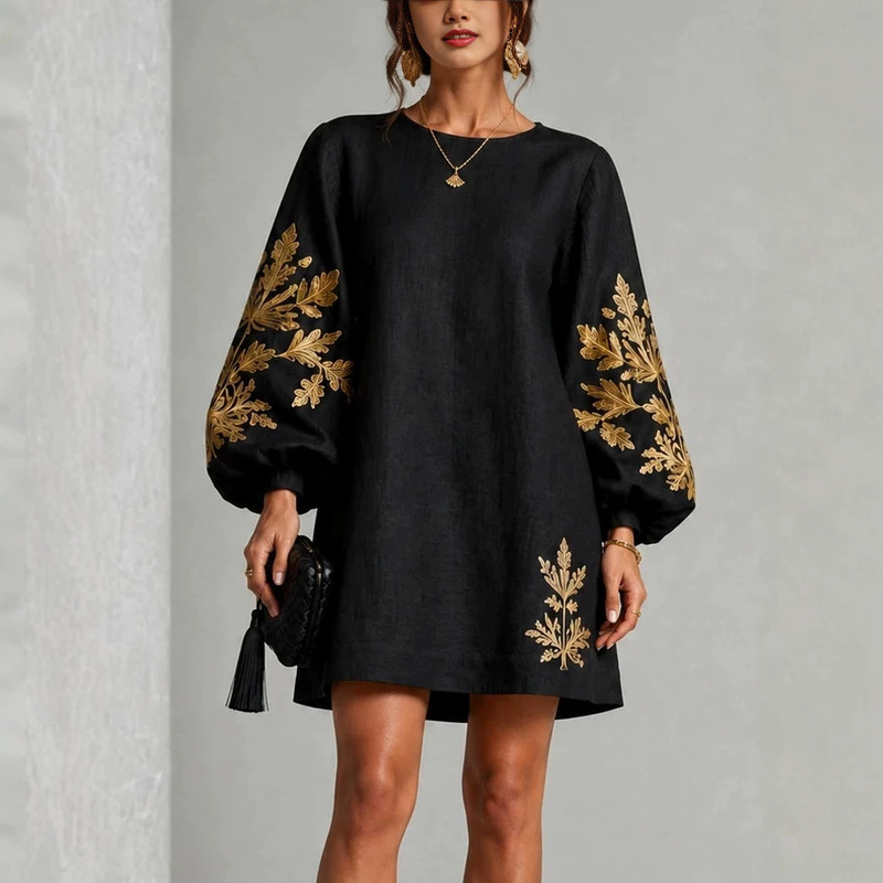 2026 Black and Gold Printed Loose Mini Dress with Round Neck and Lantern Sleeves, European and American Amazon 2026 Black and Gold Printed Loose Mini Dress with Round Neck and Lantern Sleeves, European and American Amazon