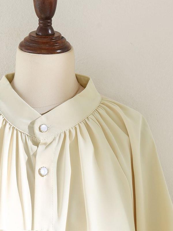 Vintage French Small Collar apricot Lantern Sleeve Shirt 2024 Spring Women's Draped Niche Pleated Chic Top