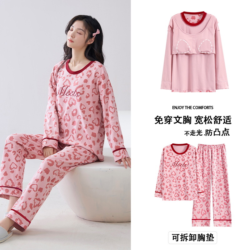Pijama de algodón de manga larga para mujer con almohadilla en el pecho traje de otoño 2023 nuevas mujeres dulces talla grande homewear