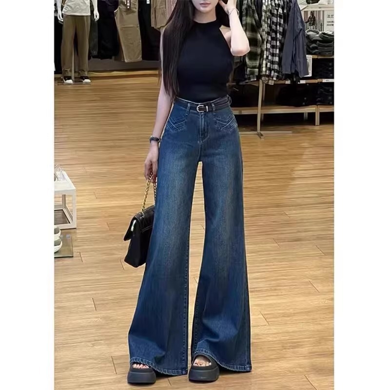 春夏の女性用プラスサイズダークブルーハイストリートデザインマイクロフレアジーンズハイウエストスリムワイドレッグフロアレングスパンツ|undefined