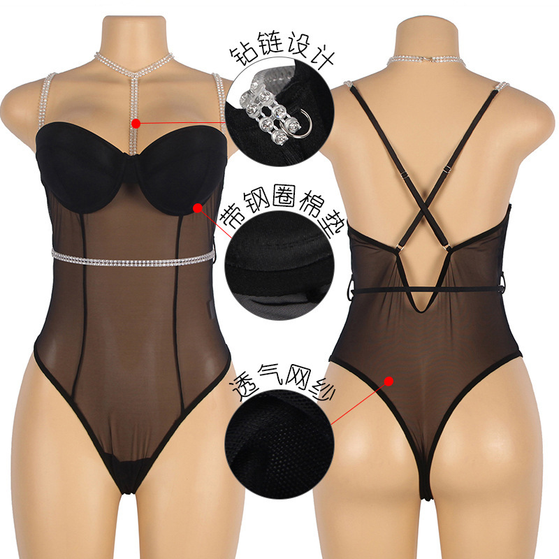 Más el tamaño de lencería sexy pareja femenina sala de estimulación Cadena de diamantes sexy anillo de acero push up se puede usar fuera de una sola pieza Sling Pijamas