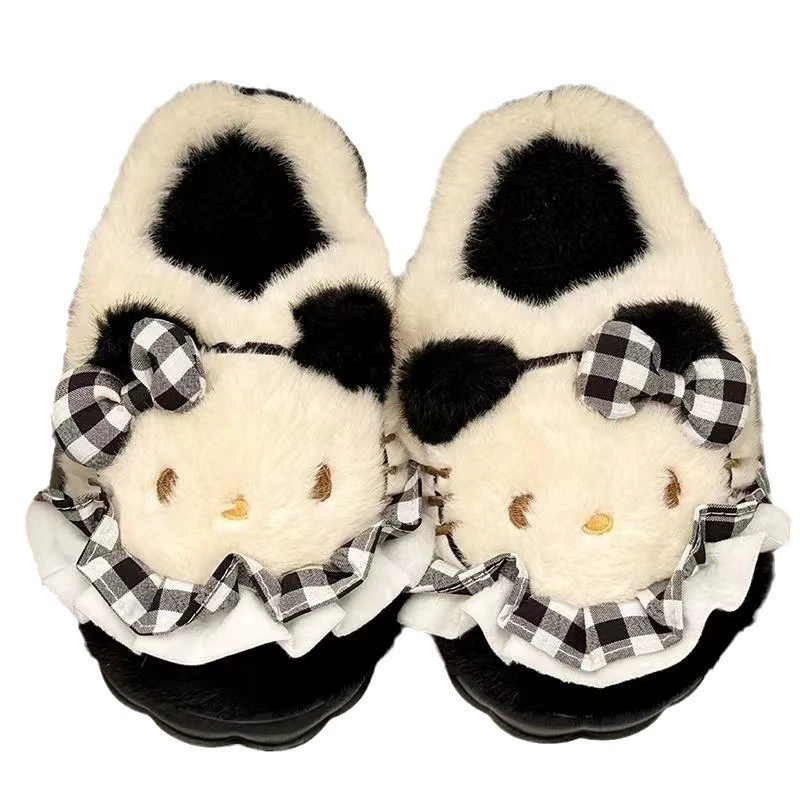 Обувь-тапочки с мультяшным принтом, зимняя нескользящая тёплая обувь на платформе