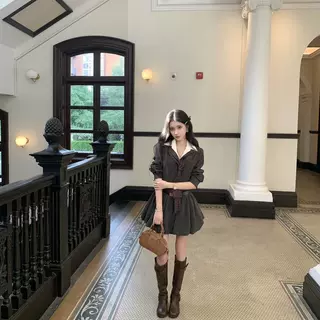 留学千金''假两件长袖连衣裙女秋季花苞裙伯克利高知裙