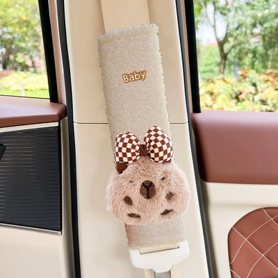 car seat belt shoulder guard – Seat belt shoulder pad - capibala-on-the-front-of-the-bow-teddy-velvet-shoulder-pad-1-beige