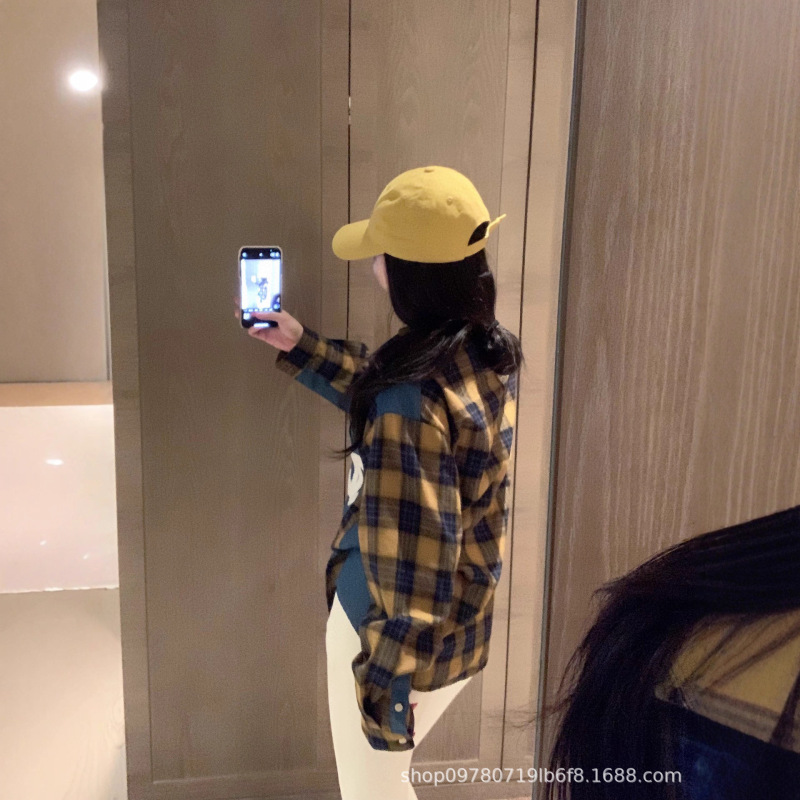 【不支持退货】显白洋气黄格子牛仔拼接复古格子长袖衬衫女款|undefined