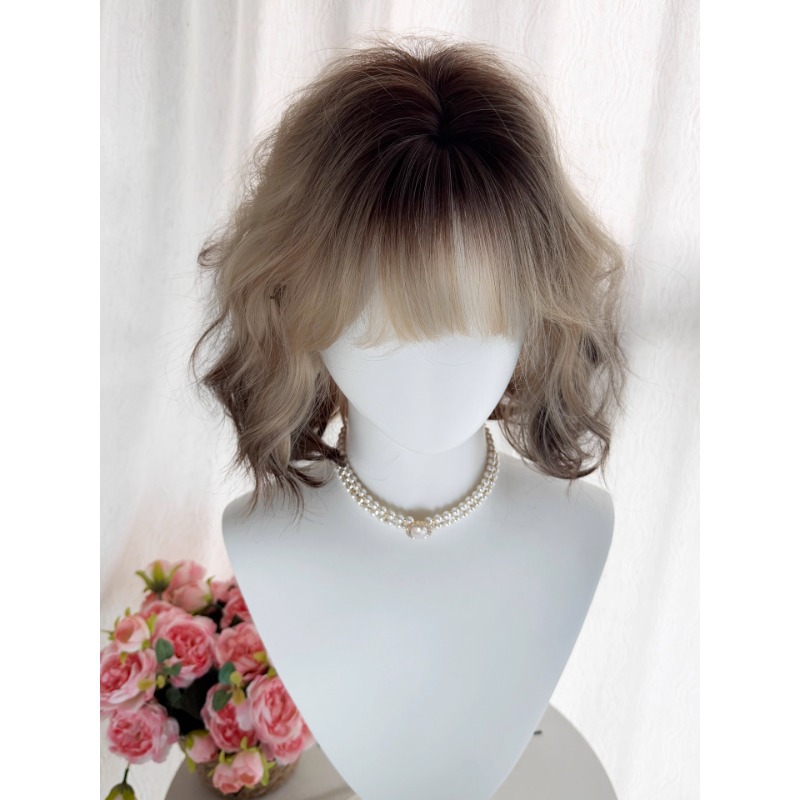 Peluca Connie [Muñeca Siam] Peluca de pelo corto para mujer, estilo París con degradado en oro negro, pelo rizado diario con lana