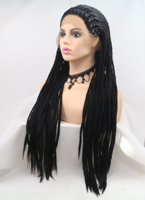 Amazonas negras tres hebras pequeñas trenzas sucias europeas y estadounidenses pelucas damas delanteras de encaje fibra química pequeña trenzas cubierta de cabeza LW0249