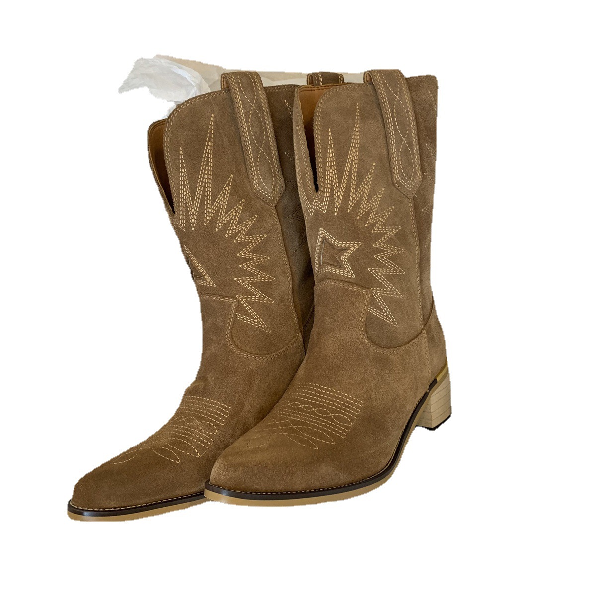 New stock large size pointed toe chunky heel embroidered sleeve mid-calf knight boots_voghion.com