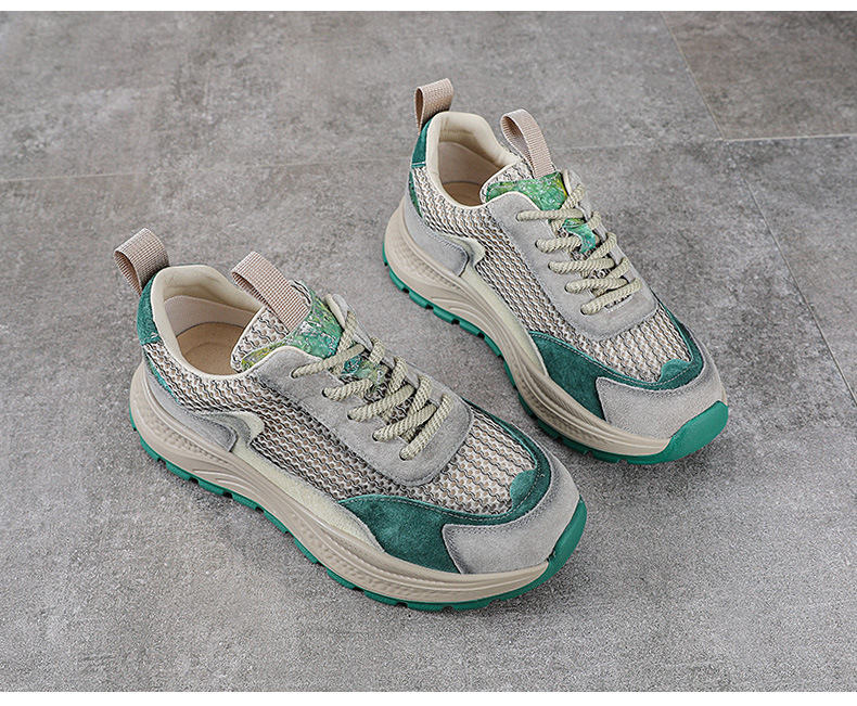 Giày sneaker chunky nữ đế dày phối màu da bò lưới thoáng khí — Màu xanh lục xám chi tiết 13