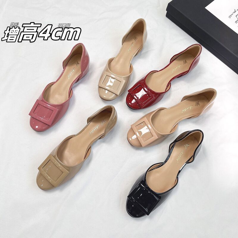 Height-Increasing 4cm Lacquered Square Buckle Patent Leather Hollow Single Shoes for Women 2025 New Style Small Fragrance Round Toe Shallow Flat Shoes