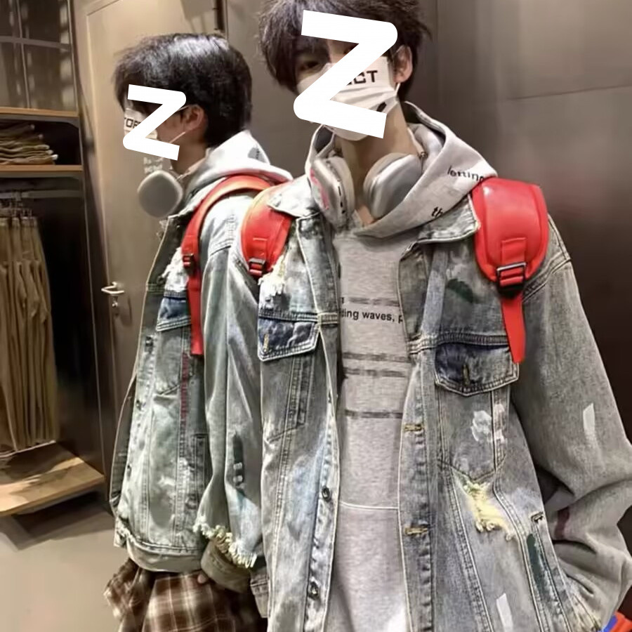 秋冬新款欧美高街破洞牛仔外套男学生痞帅百搭做旧夹克潮浅蓝色