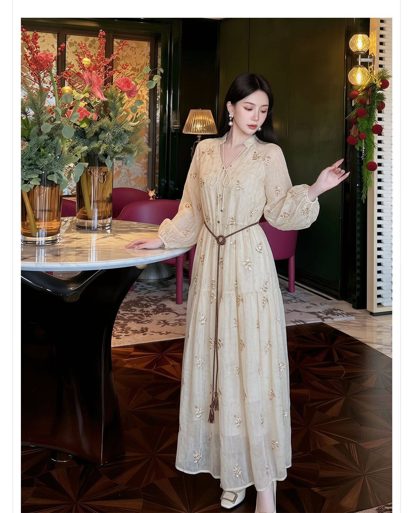 Đầm maxi nữ tay dài thiết kế eo thon phong cách tiểu thư sang trọng — màu mơ chi tiết 11