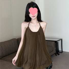 /彼得潘 花苞挂脖系带度假风露背弹力纱裙连衣裙图片色针织布
