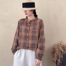 2025秋装韩版棉纱小清新文艺宽松格子衬衫女长袖外搭女装上衣