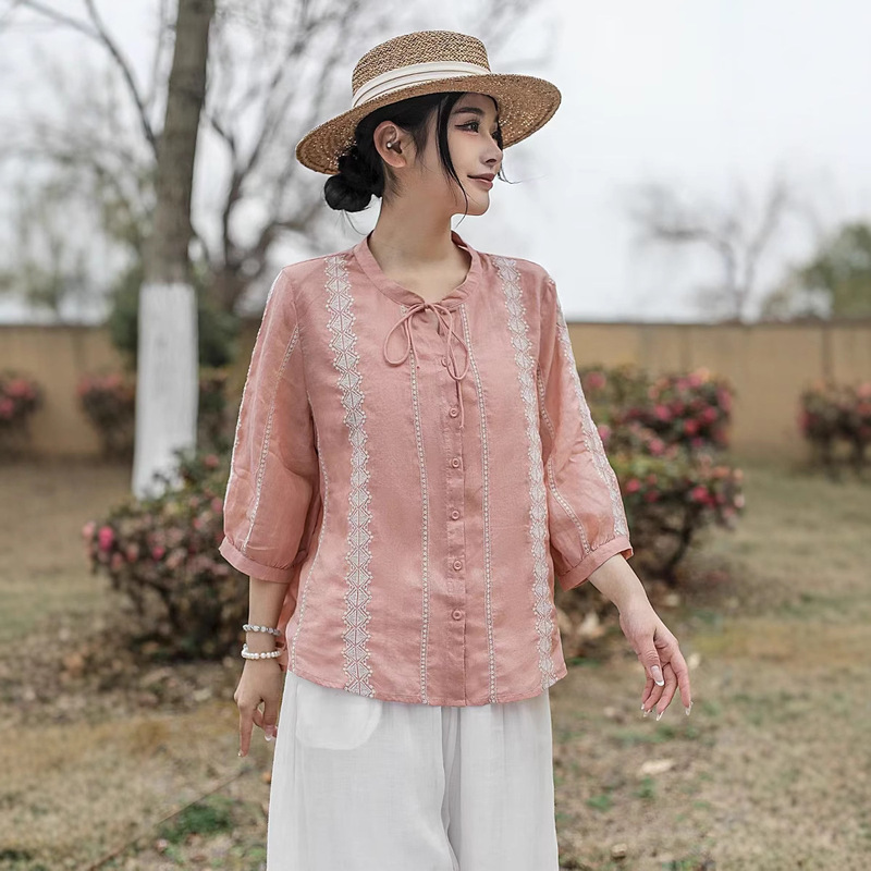 Embroidered Loose Shirt, French Style Breathable Retro Patchwork Stand-Up Collar Embroidered Women's Lace-Up Top, Light Lace Cotton and Linen