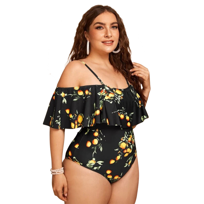 plus size print suspender lotus leaf one-piece swimsuit NSJHD124887