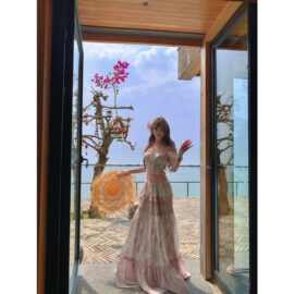 甜美度假风一字露肩短款碎花抹胸上衣女夏绝美大摆半身长裙子套装