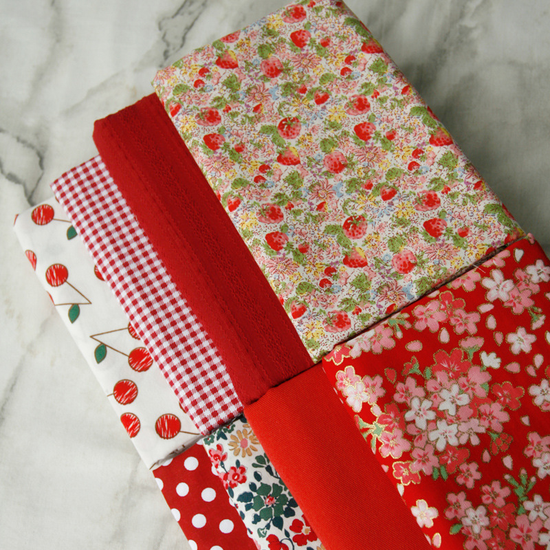 PopoHouse红色树莓樱花色提花烫金棉布料 衬衫娃衣服装面料