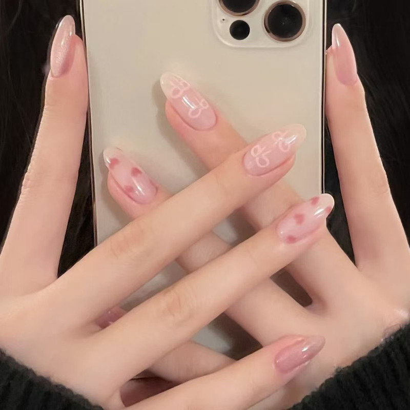 Pure Lusty, Gentle Girly Pink Bow, Sweet and White, High-End Removable Wearable Nail Polish Finished Product Wholesale