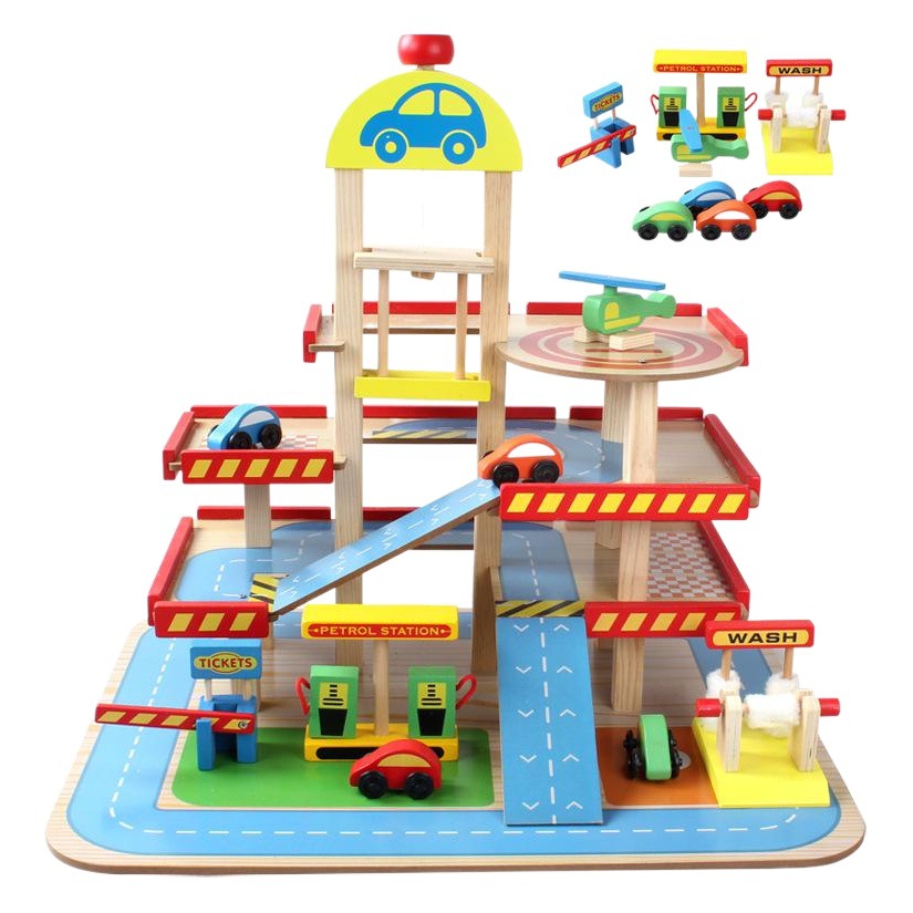 Juego de madera para niños simulación de juguete de la casa grande de tres capas de estacionamiento juego de juguete montado pista de coche