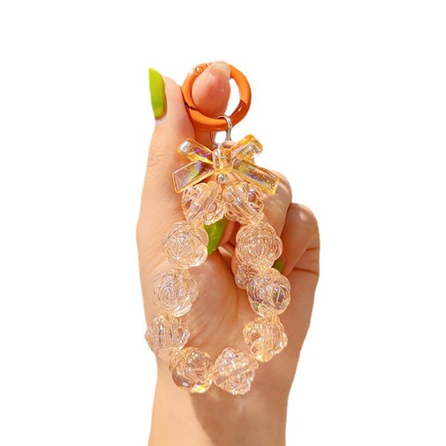 Electroplated beaded bow car keychain mobile phone pendant cute rose painted circle pearl accessories bag decoration