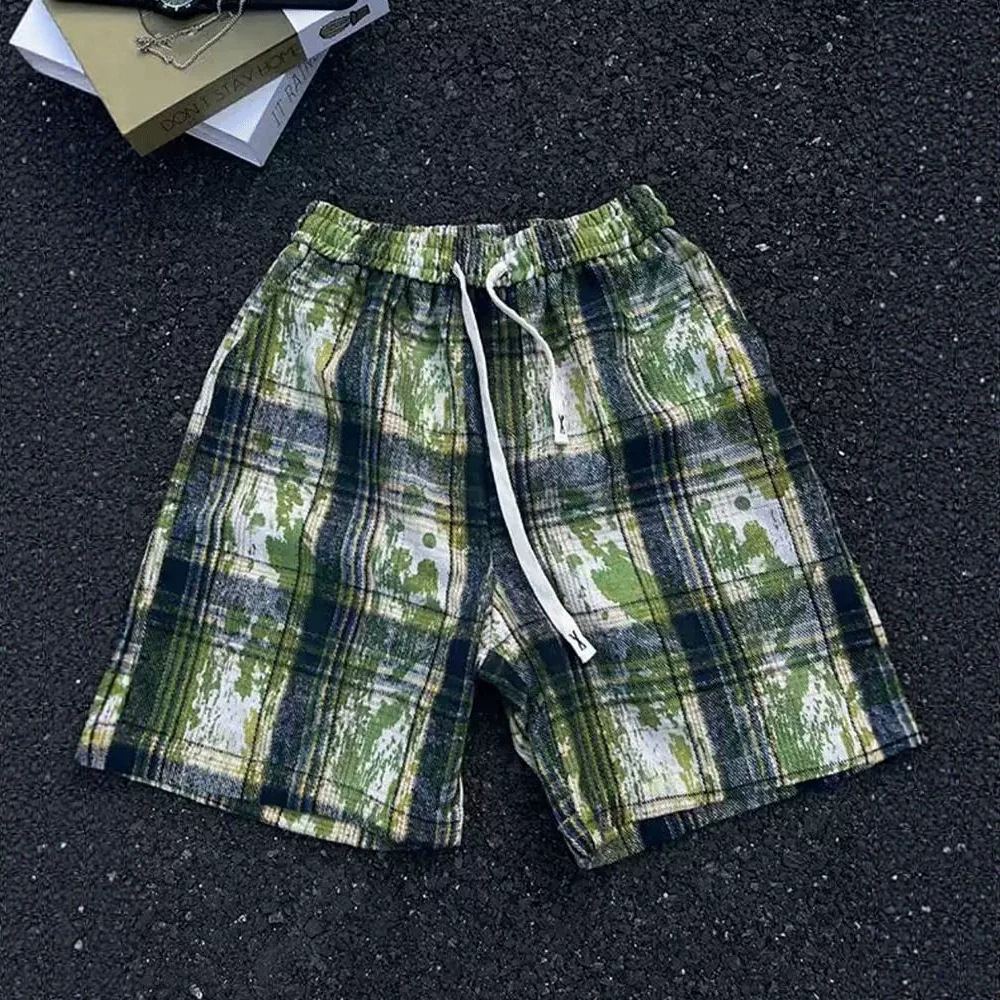 Trendy High Street Casual Retro Tie Dye Plaid Shorts Loose Fit For Men And Women Suitable For Wearing Outside And At The Beach_viptrois.com