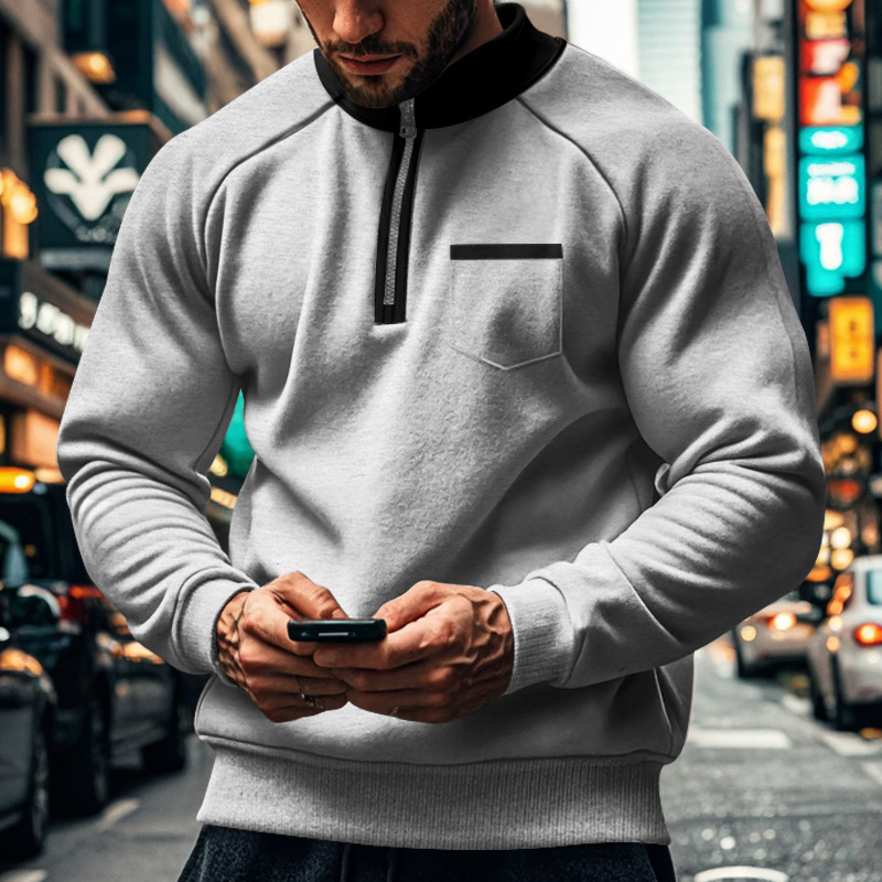 Sweat-shirt d'hiver en velours pour homme, col montant, demi-fermeture éclair, décontracté, épais, couleur assortie, poche, ample, décontracté, lourd_voghion.com