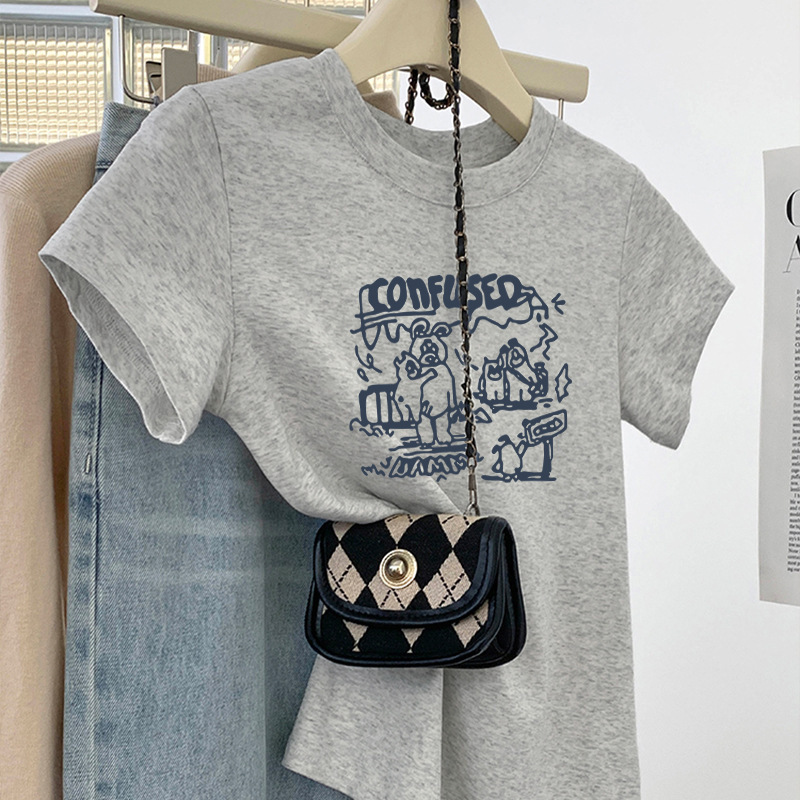 Gray Round Neck Short-Sleeved T-Shirt for Women 2026 Summer New Style Slim Fit Versatile Pure Cotton Half-Sleeved T-Shirt Top