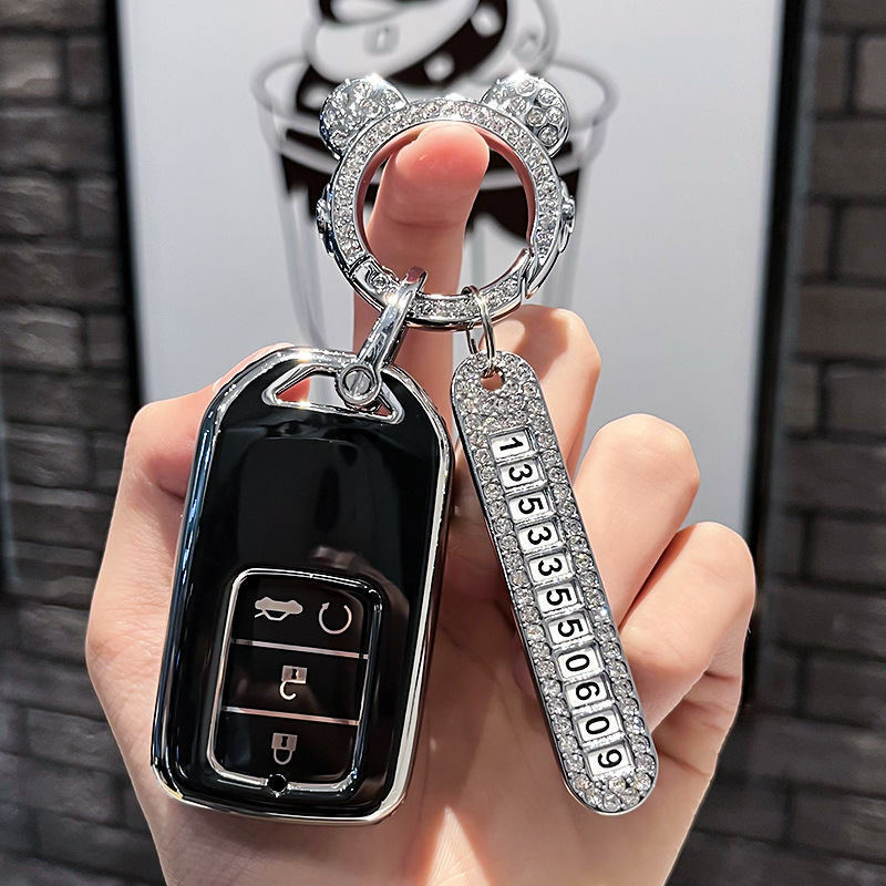 BT 키 유형 E - 스마트 4버튼 [싱글 쉘 블랙] + 실버 우주 비행사 다이아몬드 버클 + 실버 번호판