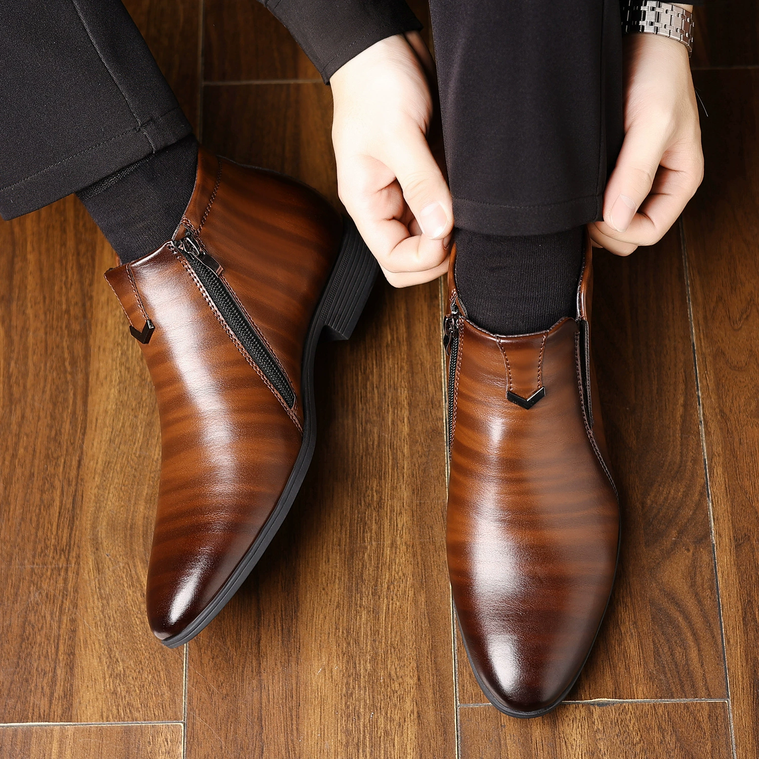 Aofu Shoes 6013 мужские короткие кожаные ботинки с заостренным носком, тиснённой полосой и боковой молнией, повседневная мода