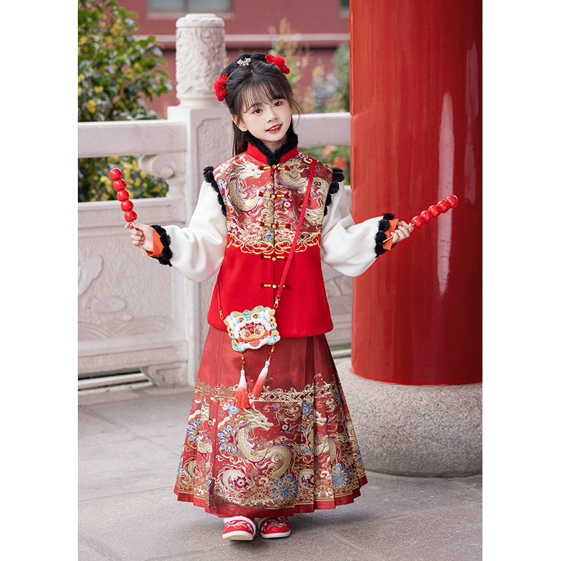 Национальный стиль девушки костюм Hanfu лошадь юбка Ming Tang одежда плюшевая и утолщая детская повседневная высококлассная новогодняя одежда