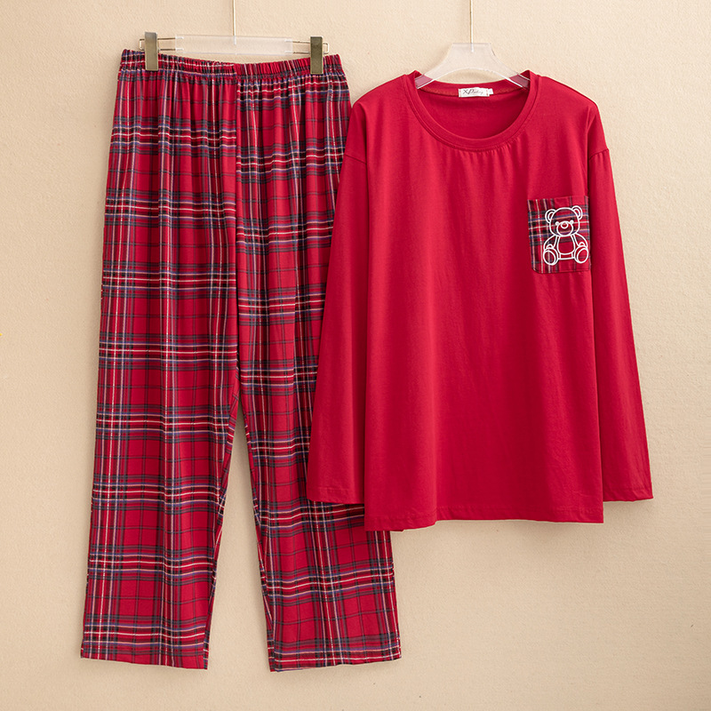 Spring and Autumn New Red Long Sleeve Couple Pajamas Men's Large Size Zodiac Year Home Clothes Women's Casual Casual Plaid Suit