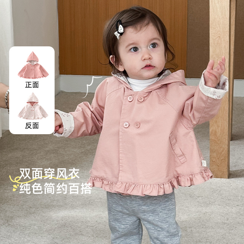 女童连帽风衣2025新款秋季宝宝洋气边碎花外套儿童韩版秋装潮