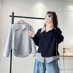 假两件上衣大码女秋季新款休闲不规则拼接条纹衬衣200斤胖MM8337