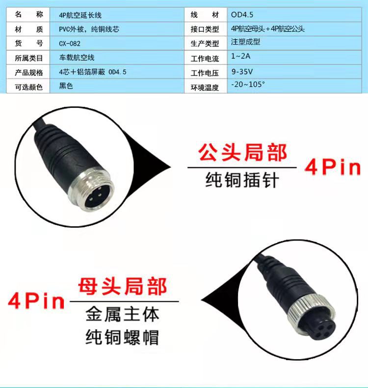 4-core camera video cable for reverse camera aviation connector, extension cable for rearview monitoring in trucks and harvesters