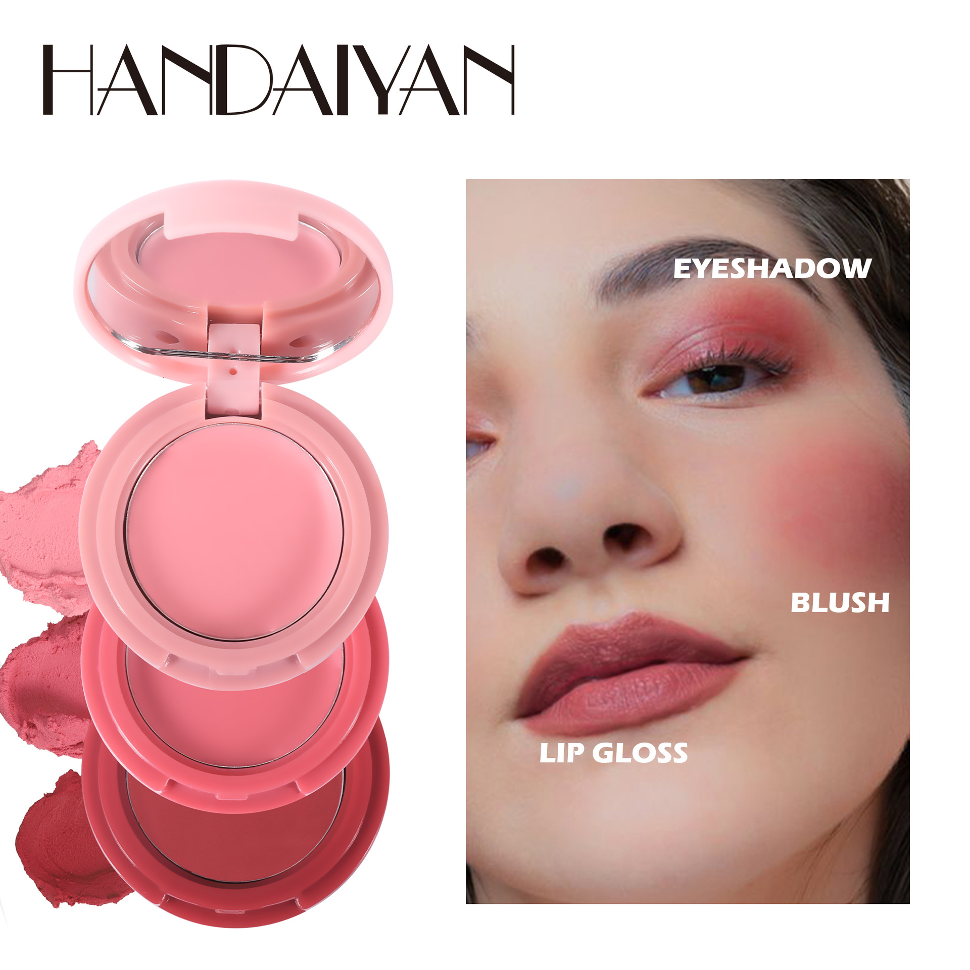 Transfronterizo tricolor bandeja de blush plegable Handaiyan 3 en 1 sombras de ojos de reparación multicolor lipstick