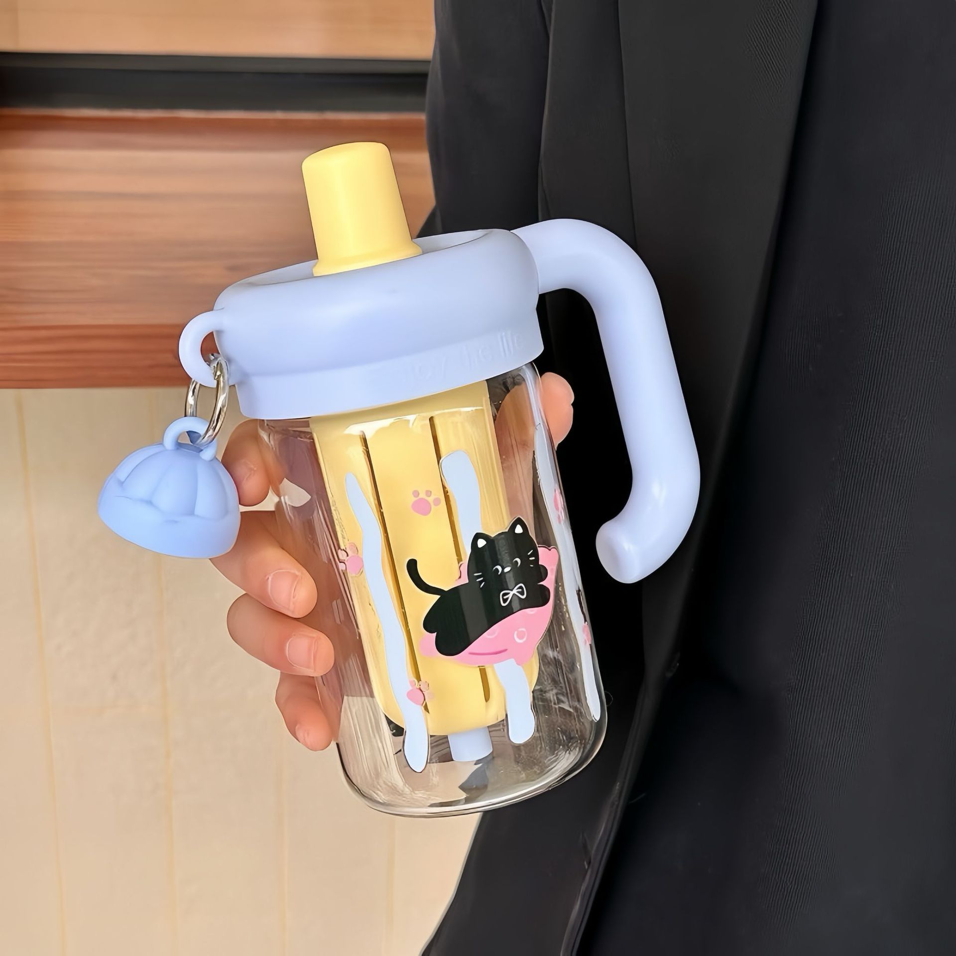 卡通手把吸管水杯耐高温泡茶玻璃杯精美高硼硅水杯可爱礼品水杯