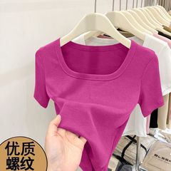 香港風ファッション半袖、耐久性、耐摩耗性、高級感、気質、スクエアカラー、シンプルで優しい伸縮性のあるTシャツを1枚または2枚セットします。