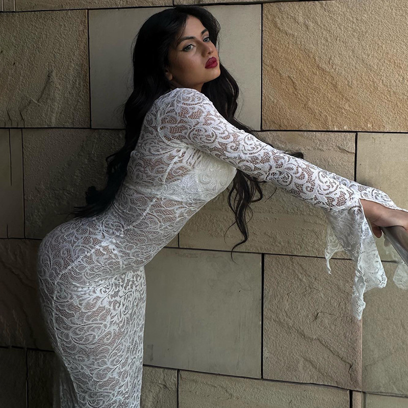 Durchsichtiges Patchwork-Kleid, sexy, tiefer V-Ausschnitt, ausgestellte Ärmel, langer Rock_voghion.com