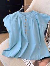 法式气质小飞袖蓝色衬衫女夏季设计感褶皱宽松小衫别致立领上衣潮
